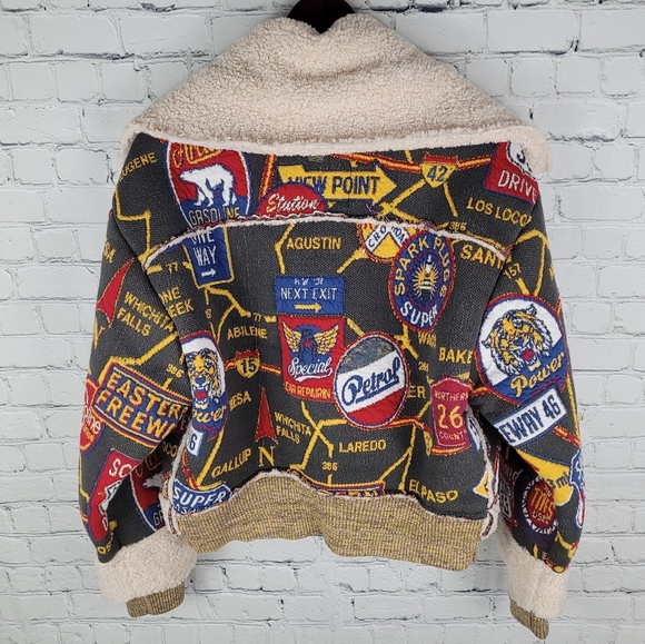 SOSKEN | January tapestry road map knit sherpa button close biker jacket - Picture 6 of 15